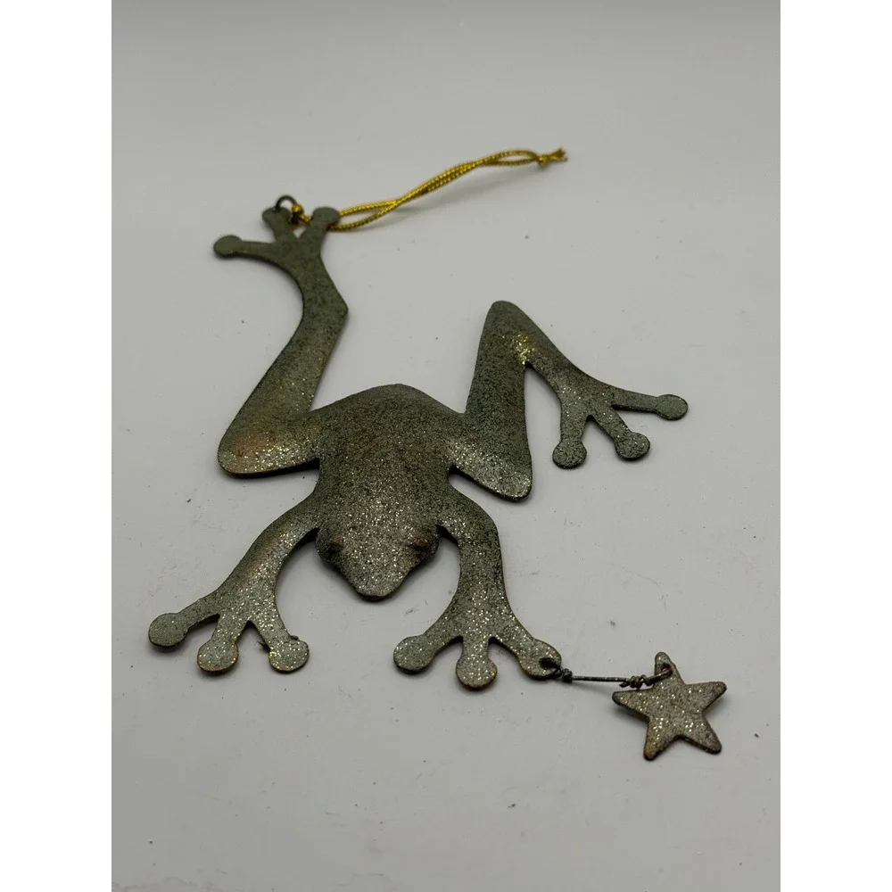 Vintage Metal Frog Ornament with Dangling Star Charm Gold Glitter Finish Green